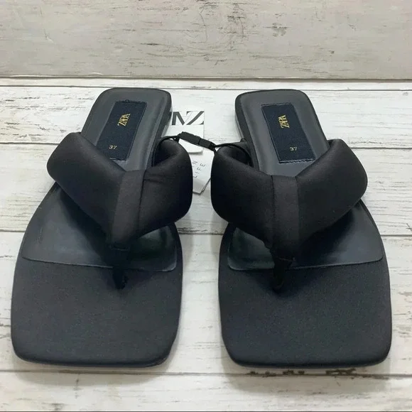 Zara Black Square Toe Quilted Slides Thong Sandals Flip Flop Summer - Picture 6 of 12